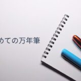 開いたメモ帳の上にプロシオン・プレジール・プレピーの3本の万年筆とインクボトルが並ぶ