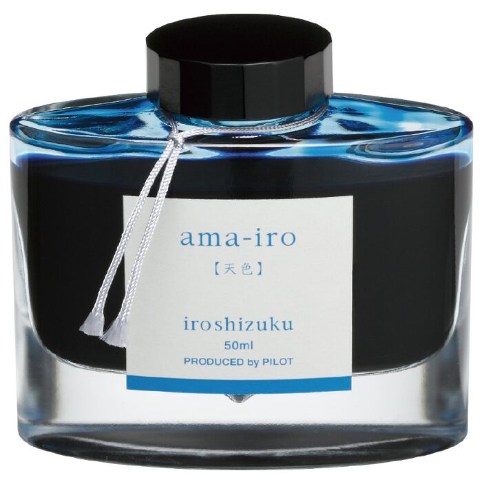 パイロット色彩雫「天色」の公式ボトル画像。晴れた空のような爽やかな水色が特徴で、軽やかな筆記を好むユーザーに人気の万年筆インク。