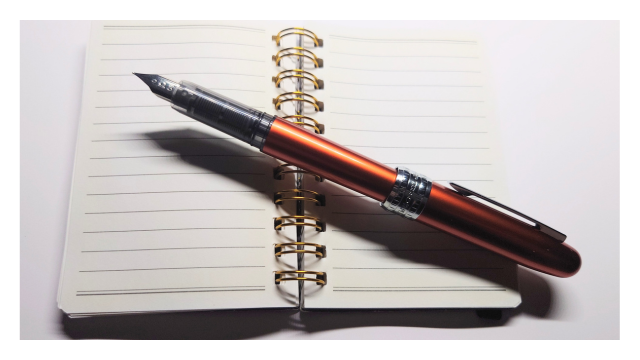 プラチナ万年筆プレジールの外観。アルミ軸で高級感があり、安定した書き出しが特徴。