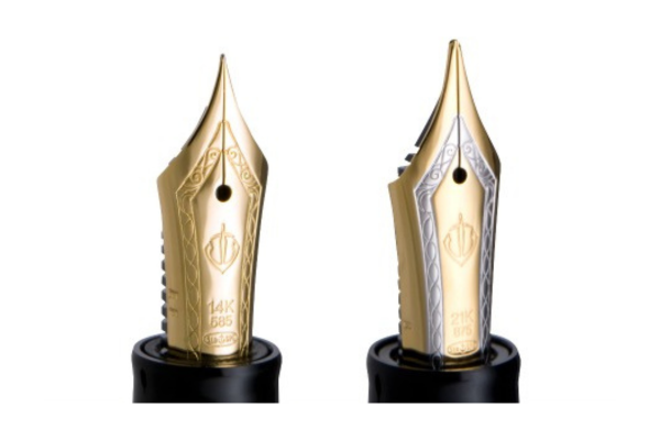 金ペン（14K・18K・21K）のペン先素材と特長を示す公式比較図。柔らかくしなりがあり、筆圧によって線幅に抑揚が出る高級感ある書き味が特徴。