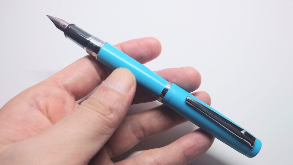 左手にプロシオン万年筆を持っている様子