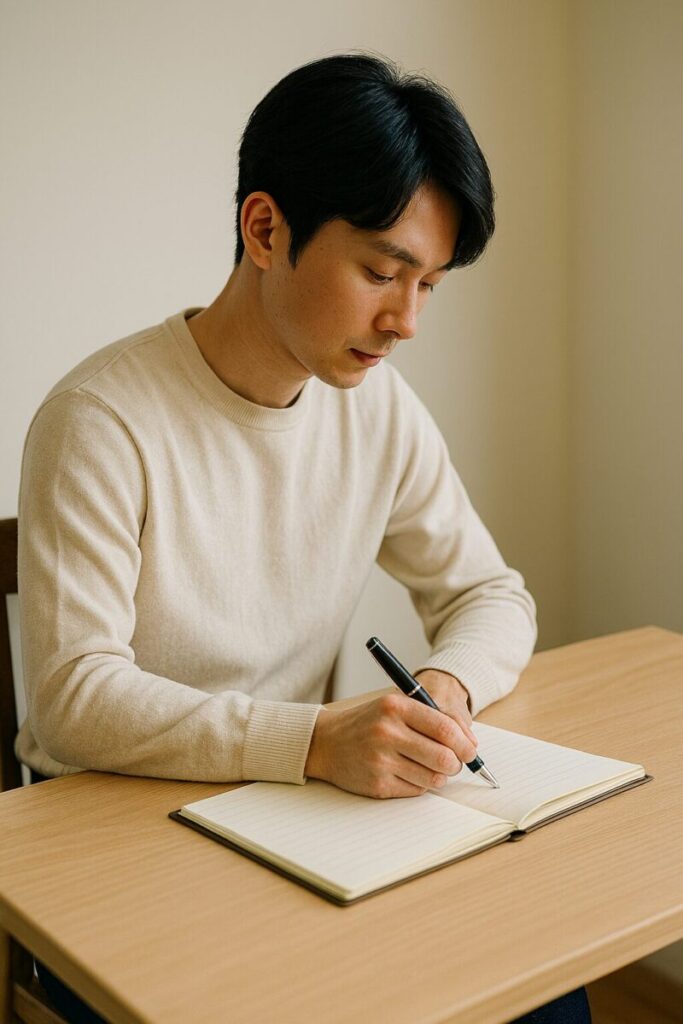 正しい姿勢で万年筆を使って筆記している人物の画像。背筋を伸ばし、机とお腹の間にこぶし1つ分の余裕がある構図。