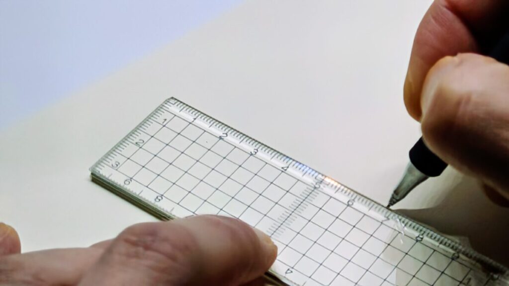 オレンズメタルで直定規を使い線を引いている手元の構図。白背景で精密な使用感を表現。