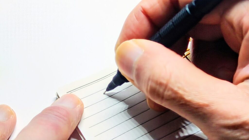 オレンズネロでメモ帳に書き始める手元の構図。白背景で使用シーンを自然に表現。