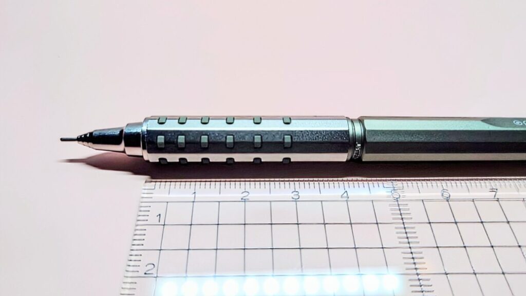 オレンズATのグリップ部分を直定規と並べて撮影した画像。グリップ長は約42mm。